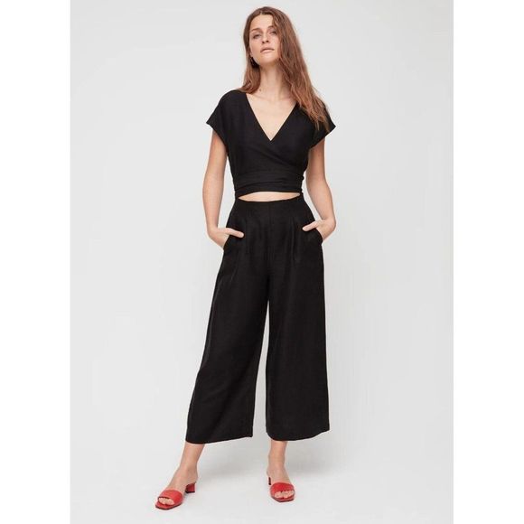 Aritzia Pants - Aritzia WILFRED Brax Black Linen Lyocell Cut-Out Wrap Wide Leg Jumpsuit, Size 6